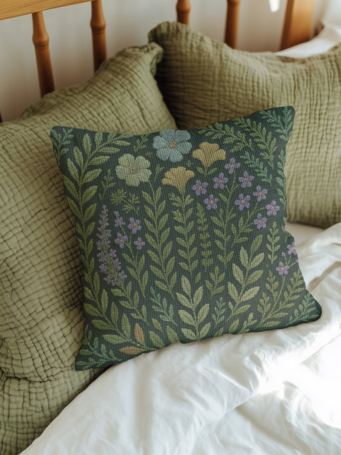 A rectangular 17x18-inch decorative throw pillow featuring a botanical woven tapestry design with embroidered flowers and leaves in green, yellow, and purple tones on a dark green background. The pillow has a double-sided print and is filled with plush poly fill, sewn closed for a soft and cozy finish. Ideal for whimsigoth decor, garden-inspired living spaces, or as a thoughtful embroidered home gift.